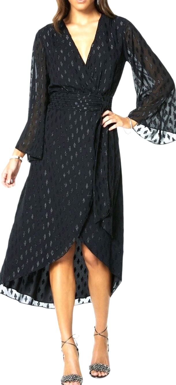 Ramy Brook Julie Metallic Wrap Dress Size 6 Black Shimmer High Low Midi NWT - Picture 1 of 14